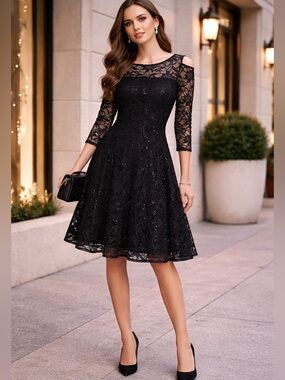 WOMENS RABBIT RABBIT RABBIT BLACK LACE SEQUIN COLD SHOULDER FIT FLARE DRESS 10